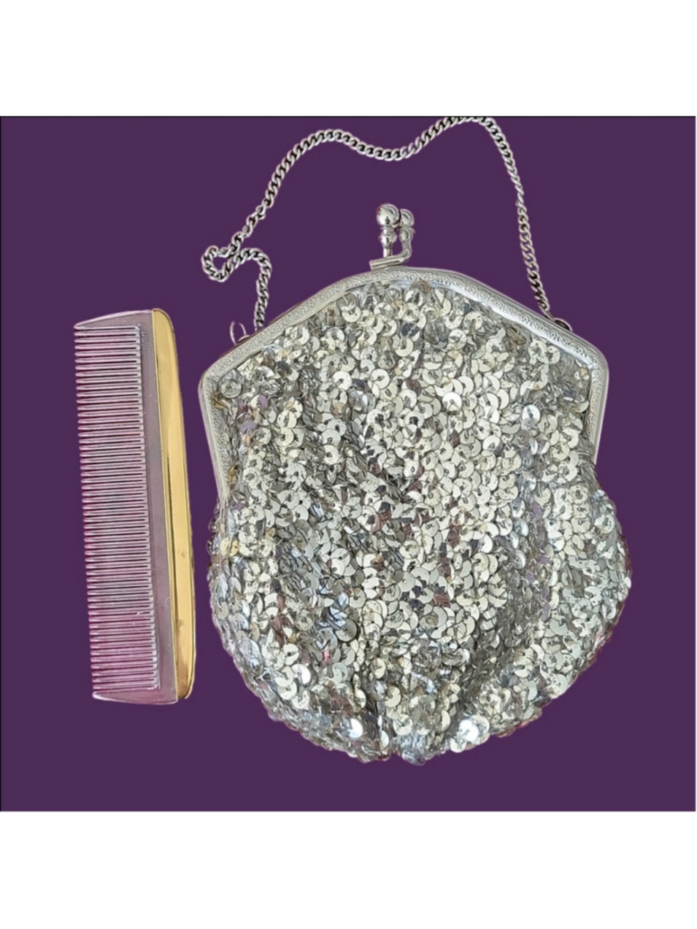 1960s Sequined Cocktail Purse & Vanity Comb - Ultimate Mid-Century Glamour Set7